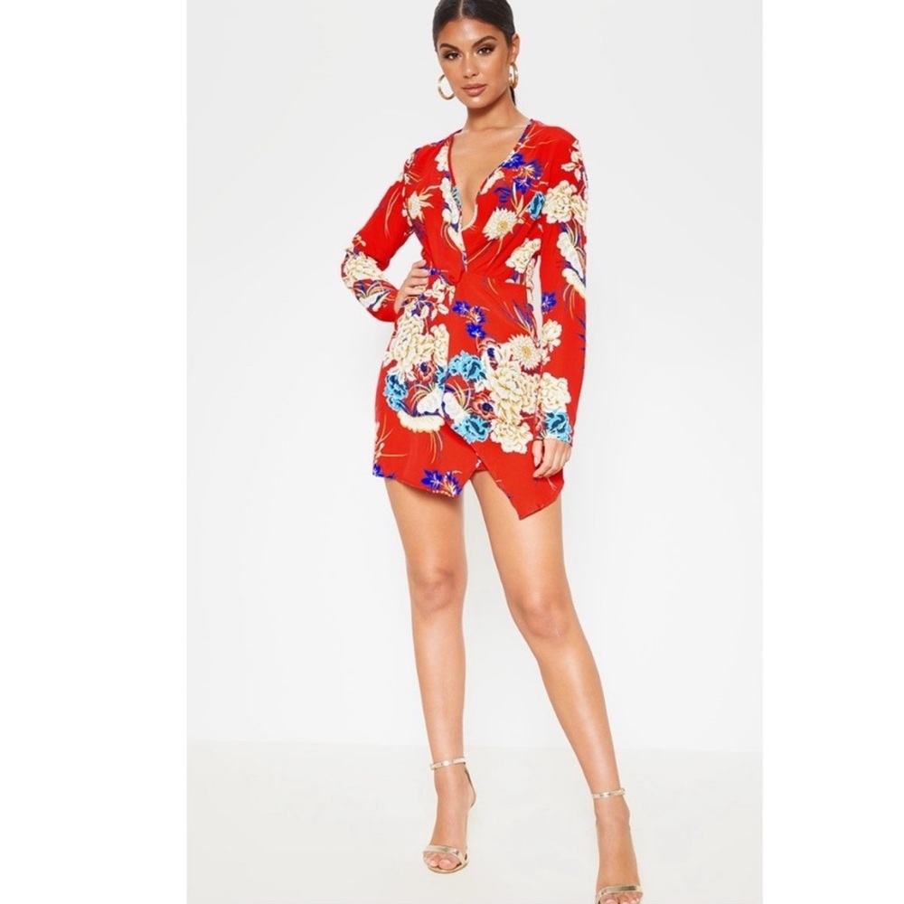 PrettyLittleThing Red Floral Dress